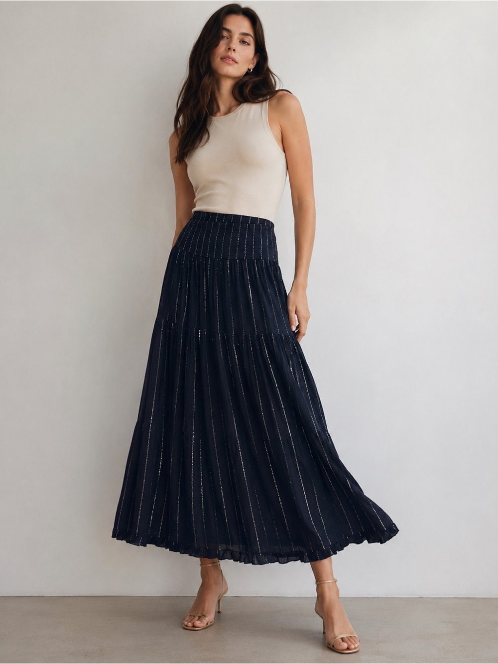 Japna Black Metallic Stripe Maxi Skirt Size Medium